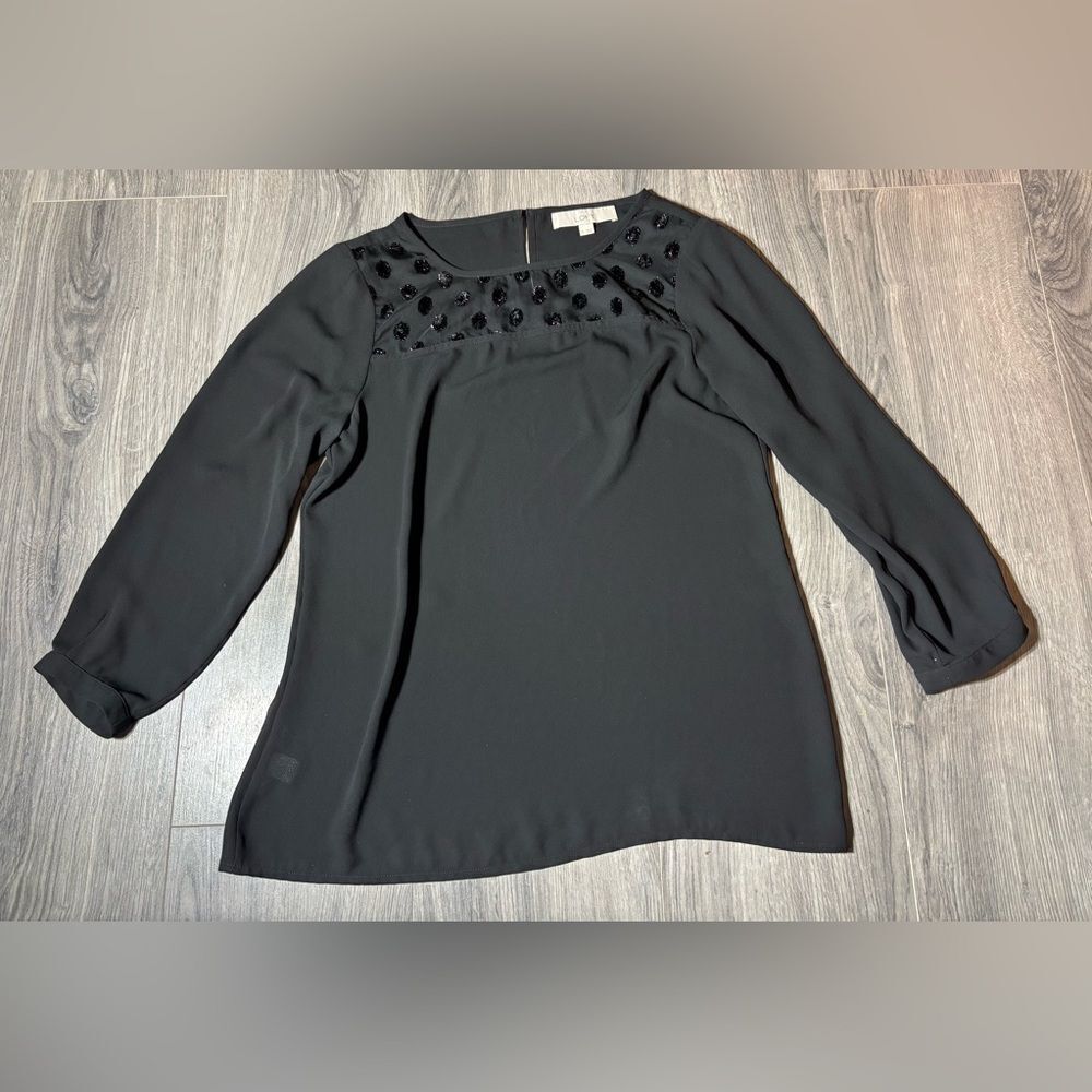 Loft Sheer Black Polka Dot Accents Blouse 3/4 Sleeves EPC Size Small Excellent P
